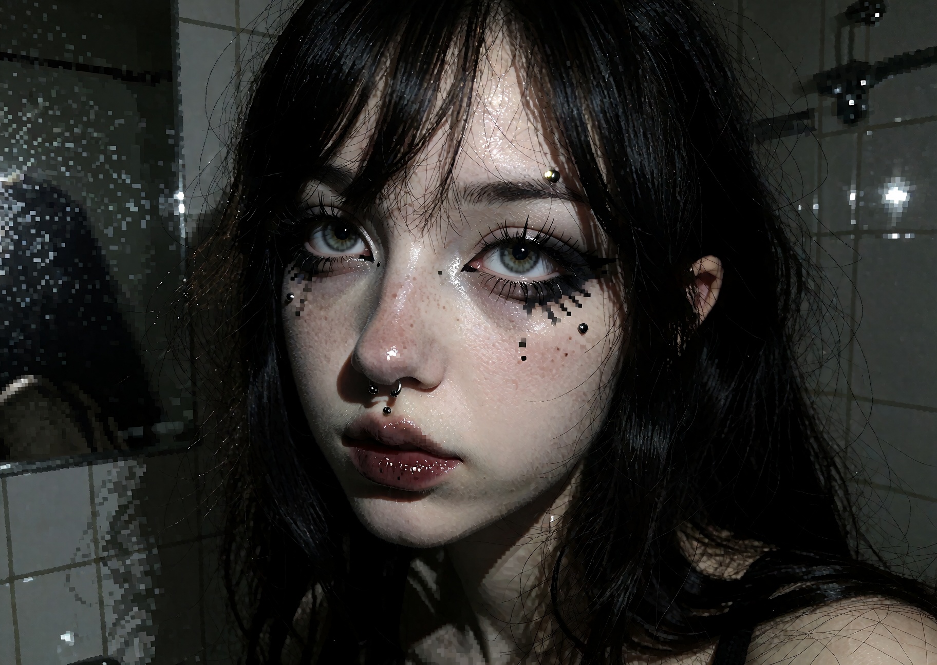 2010s candid snapshot photo. a gothic portrait of a beautiful young woman in a dimly lit bathroom. Her long black hair fra...