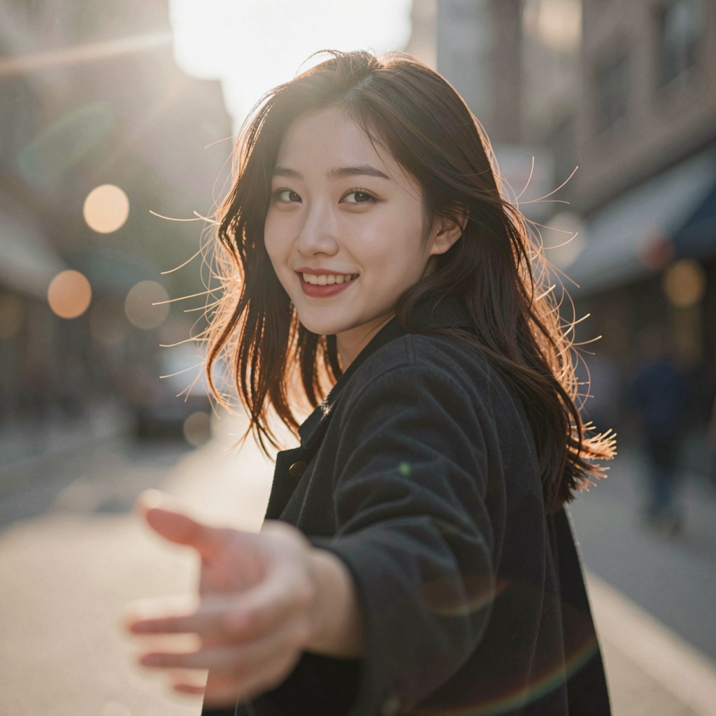 Ultra-realistic cinematic portrait of a beautiful young Asian woman softly smiling while looking back at the camera,  reac...