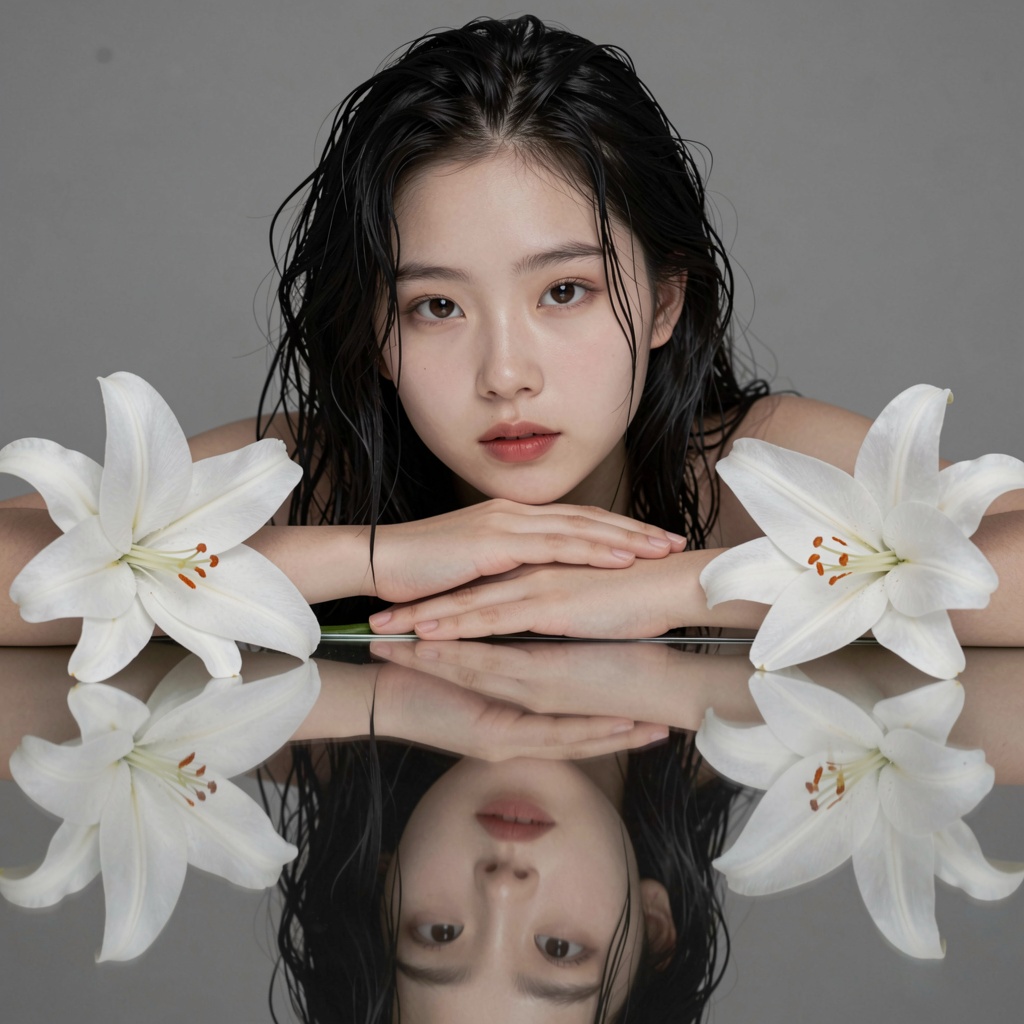 A high-fashion studio portrait of a beautiful young Asian woman with long,  wet,  messy black hair. She is resting her chi...