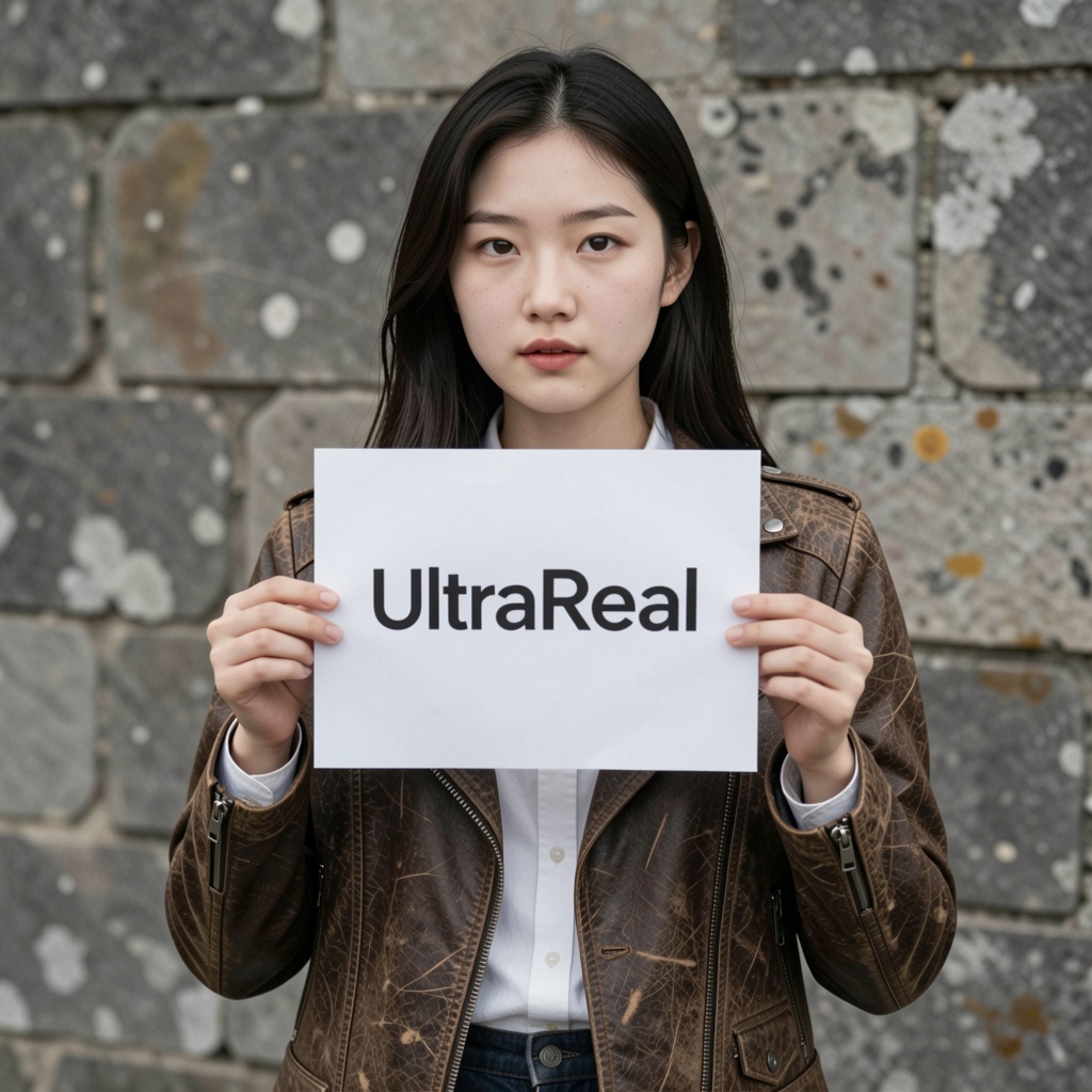 A medium shot of a beautiful East Asian woman in a distressed leather jacket,  holding a piece of white paper with the tex...
