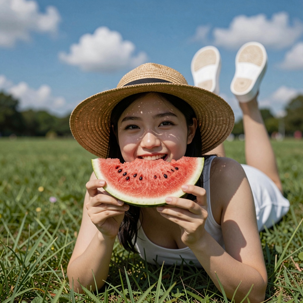 A low-angle shot looking up at a young Asian woman lying in lush green grass under a bright blue sky with fluffy white clo...