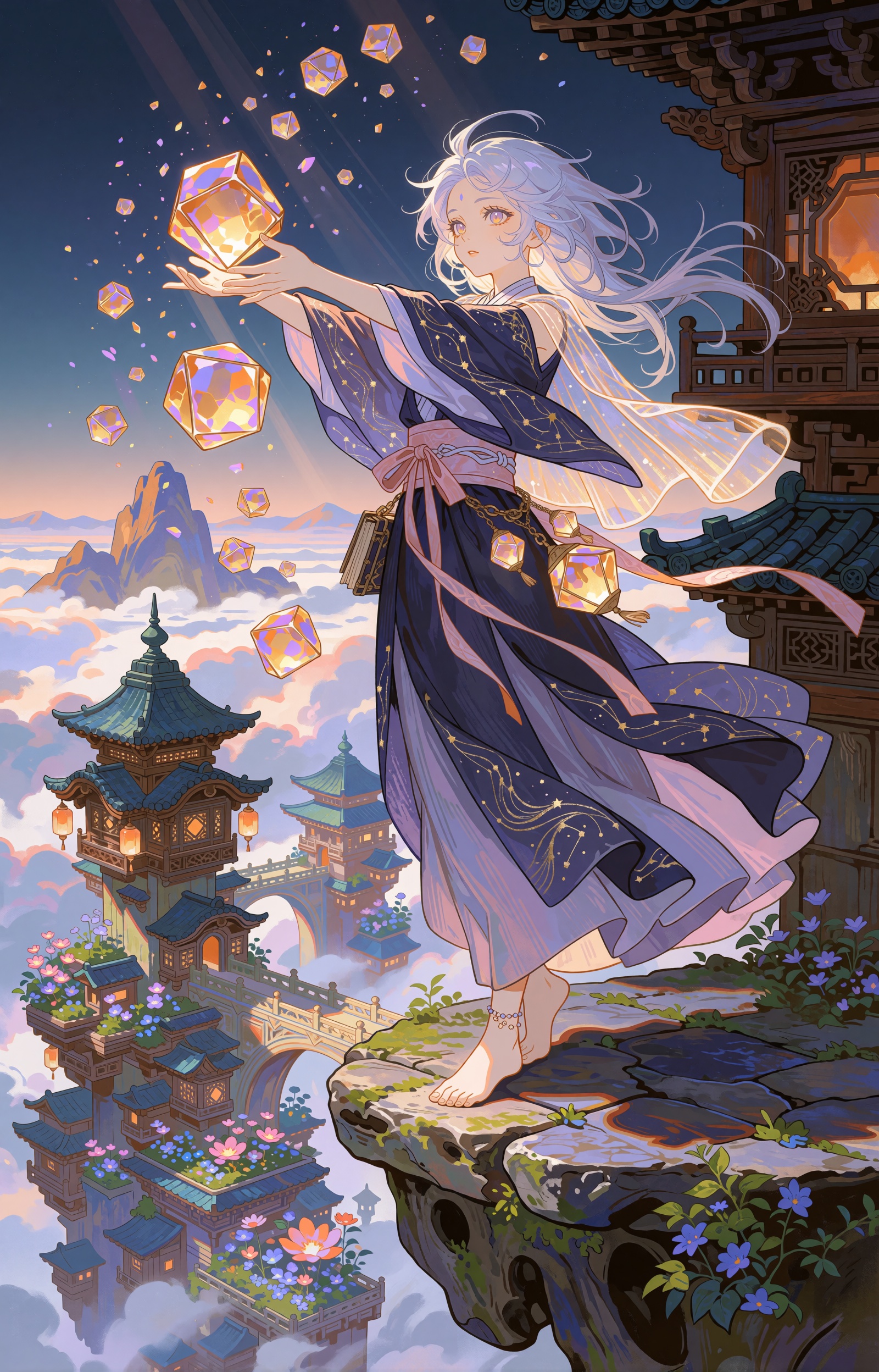 SUBJECT: A young celestial lantern-keeper with an androgynous build stands at the precipice of a floating sky-platform. He...