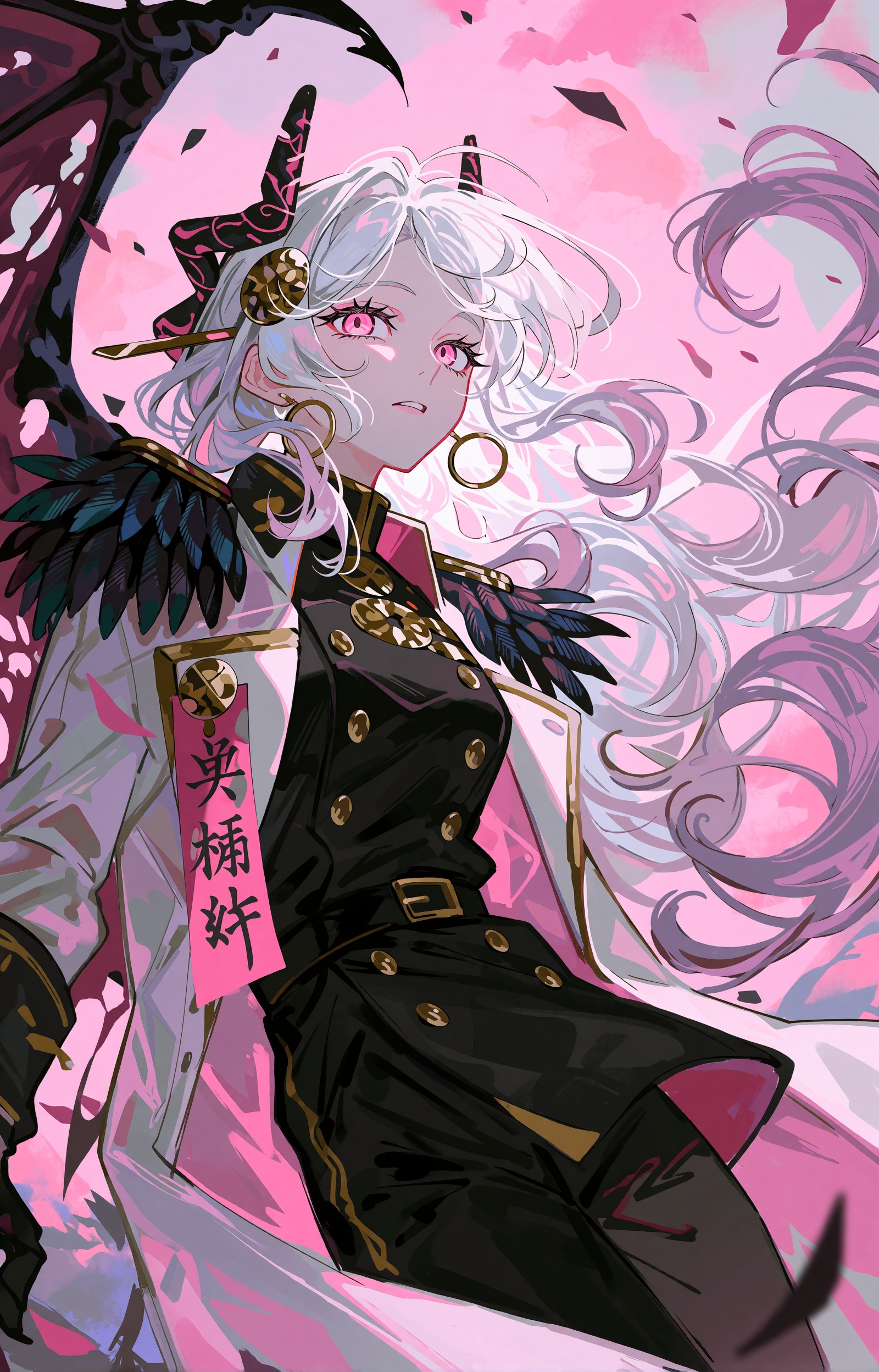 SUBJECT : A demon-blooded banner-girl with waist-length white hair that swirls into pink-lavender ribbons around her. Lumi...