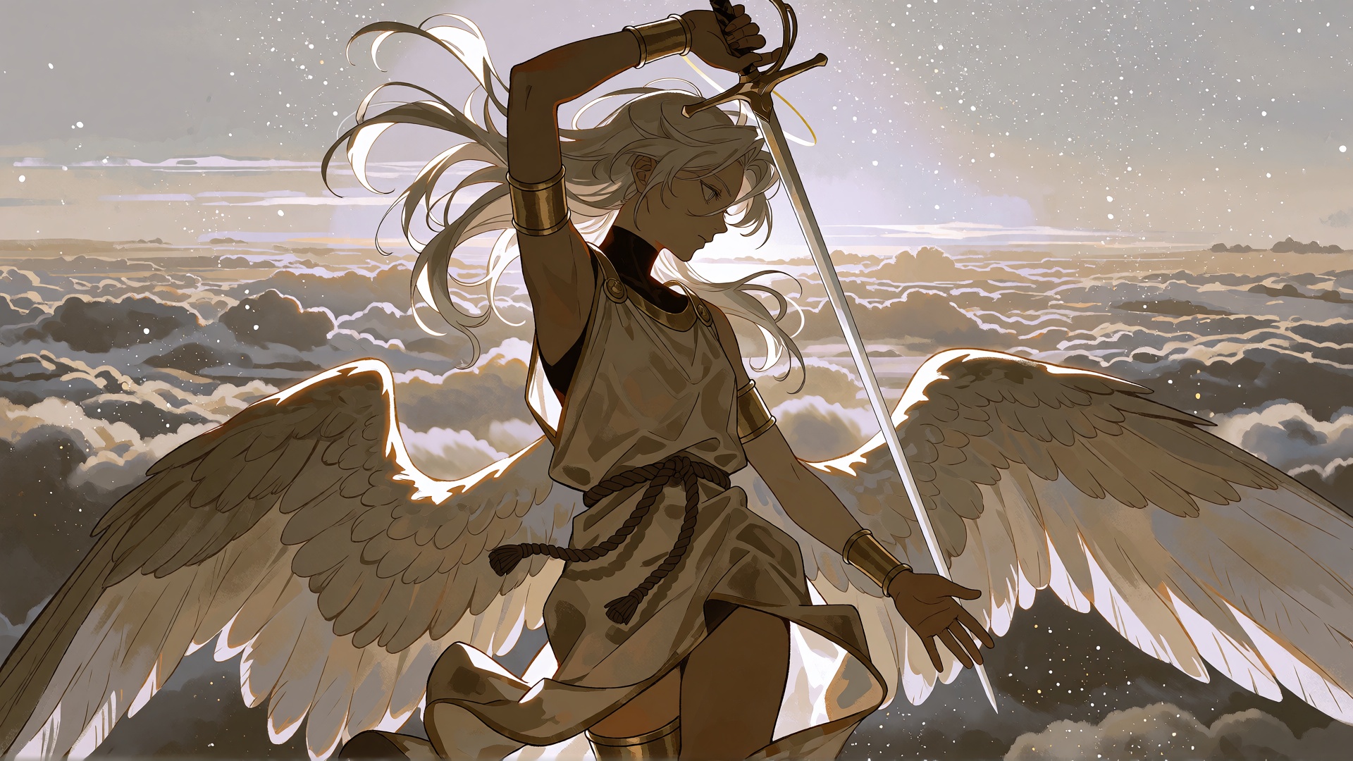 SUBJECT: A young seraph-duelist personifying the last hour of daylight,  suspended mid-descent above a sea of clouds. Thei...