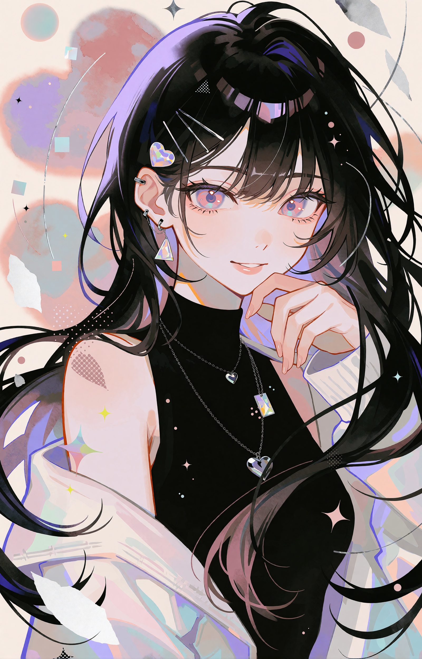 SUBJECT : A striking young ***** anime woman with long ink-black hair flowing outward in broad ribbon-like locks,  the und...