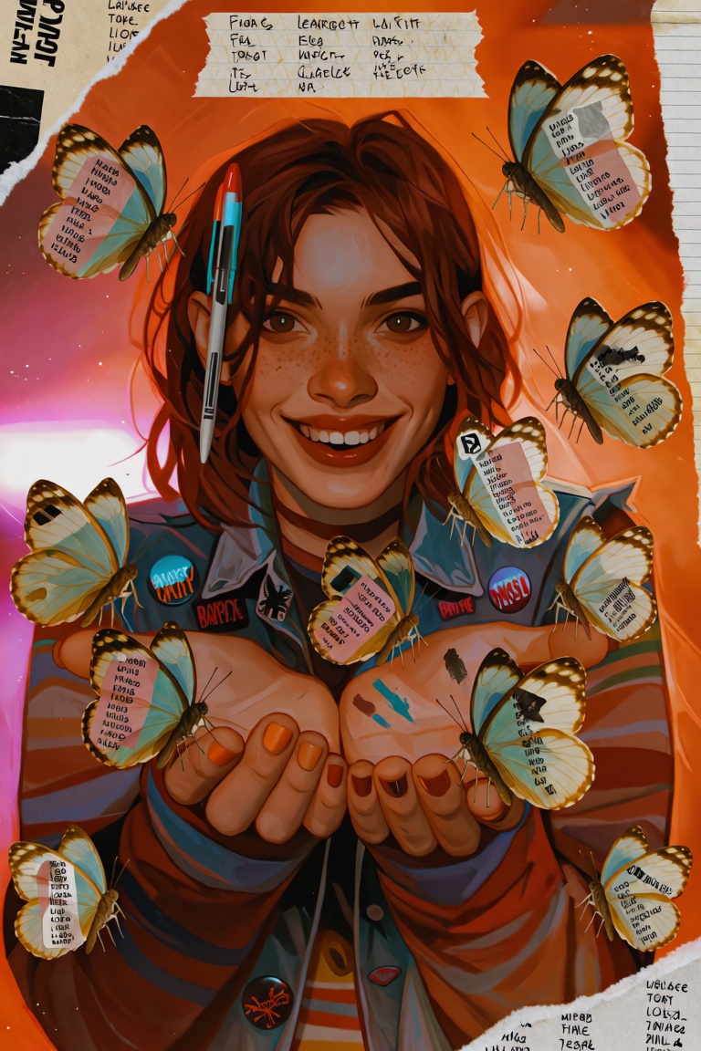 An indie collage-style close portrait of a young woman with freckles and a gap-toothed grin,  holding both cupped hands ou...