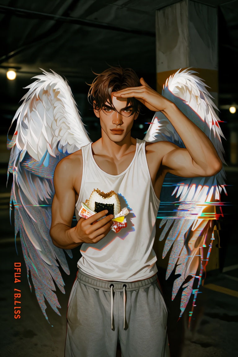 A harsh-flash night portrait of a young man standing alone in an empty parking garage,  facing the camera,  broad white fe...