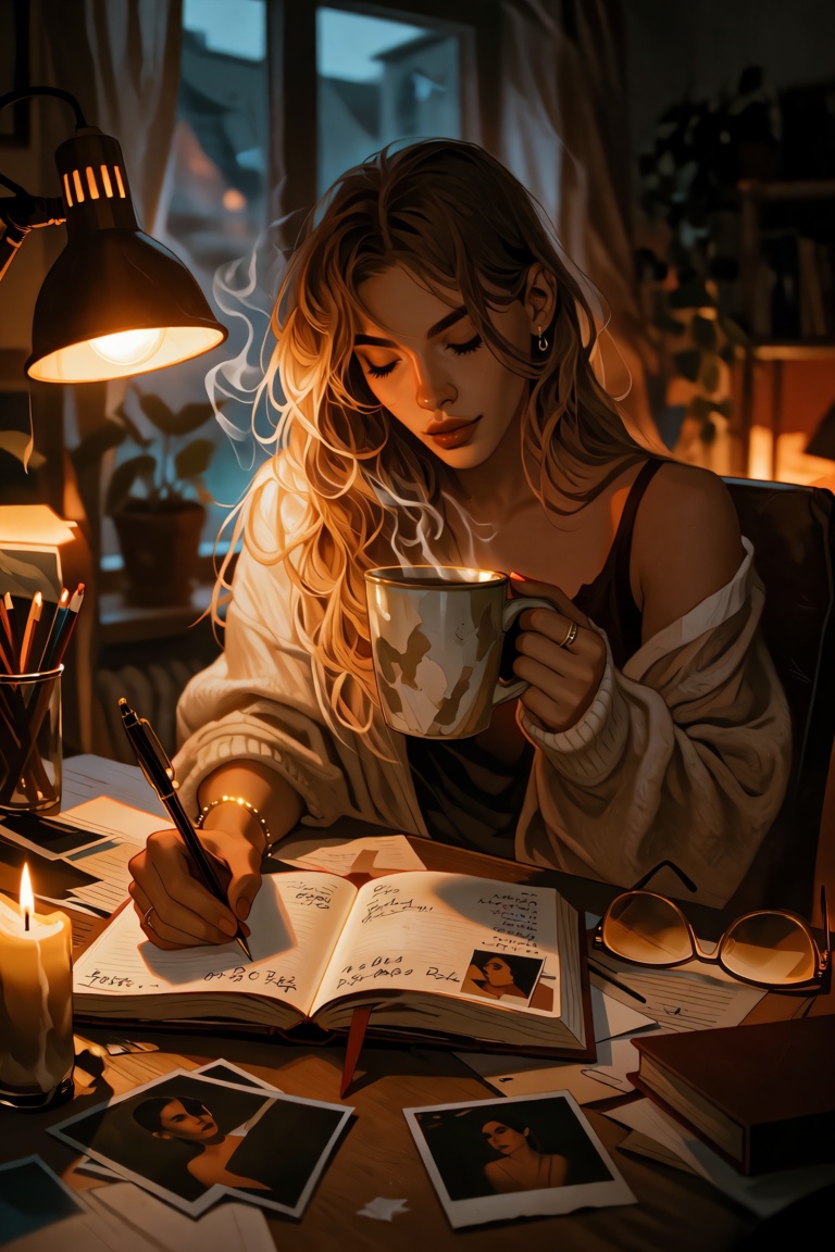 Over-the-shoulder shot of a young woman with long honey-brown waves sitting at a cluttered desk,  writing in an open journ...