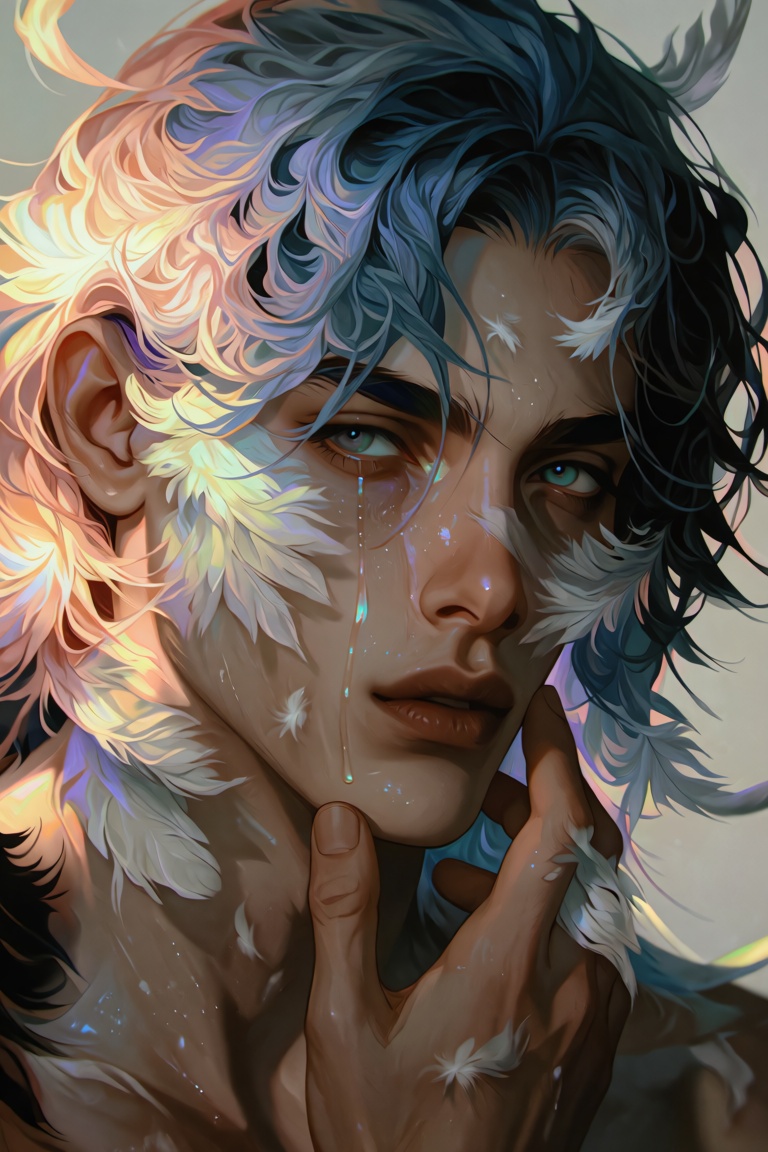 A portrait of a young man with soft,  mournful eyes,  his face dotted with downy white feathers that cling to his damp ski...