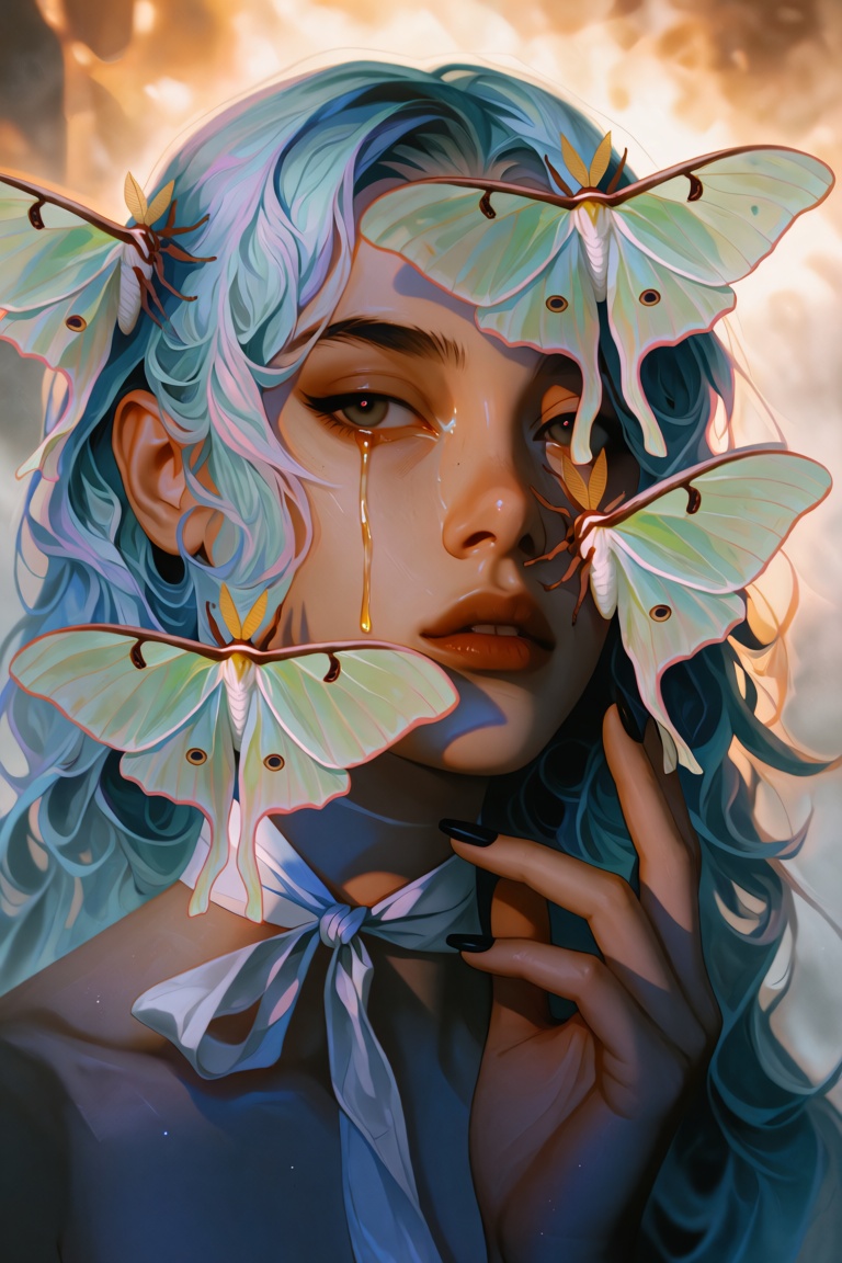 A close-up portrait of a young woman with a wistful expression,  her face partially veiled by three large pale luna moths...