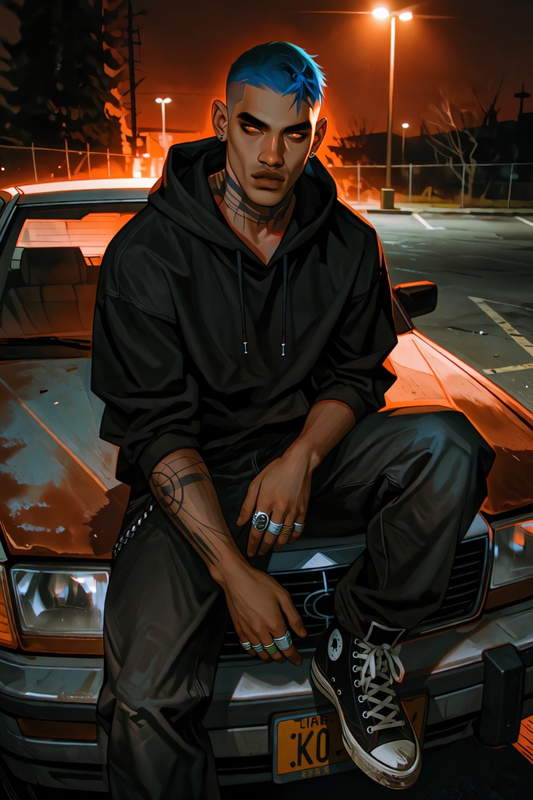 Portrait of a young man with deep brown skin and close-cropped hair dyed electric blue at the tips,  sitting on the hood o...