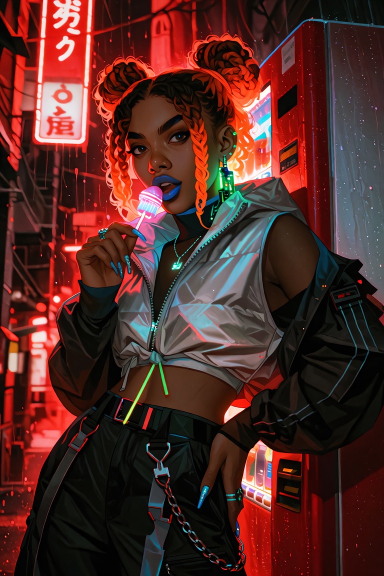 A portrait from a low angle of a young Black woman with 4C hair dyed neon orange and pulled into two high space buns. Her...