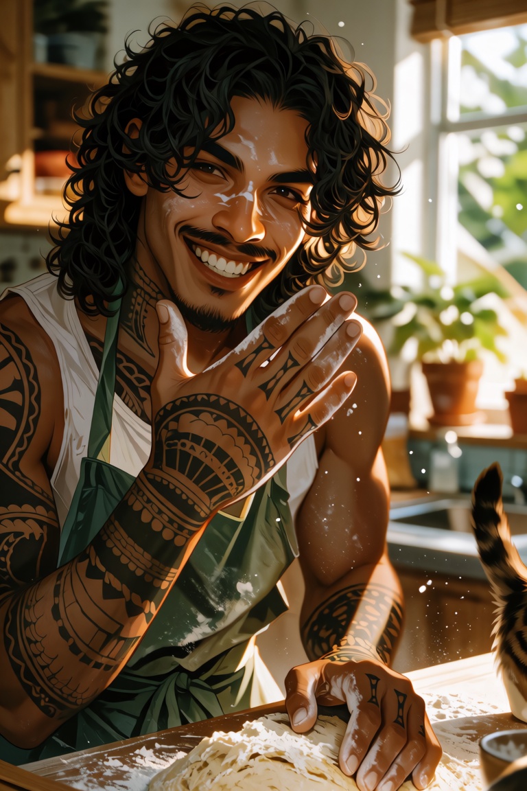 A close-up portrait of a young Polynesian man with thick curly black hair and traditional hand-poked tattoos covering the...