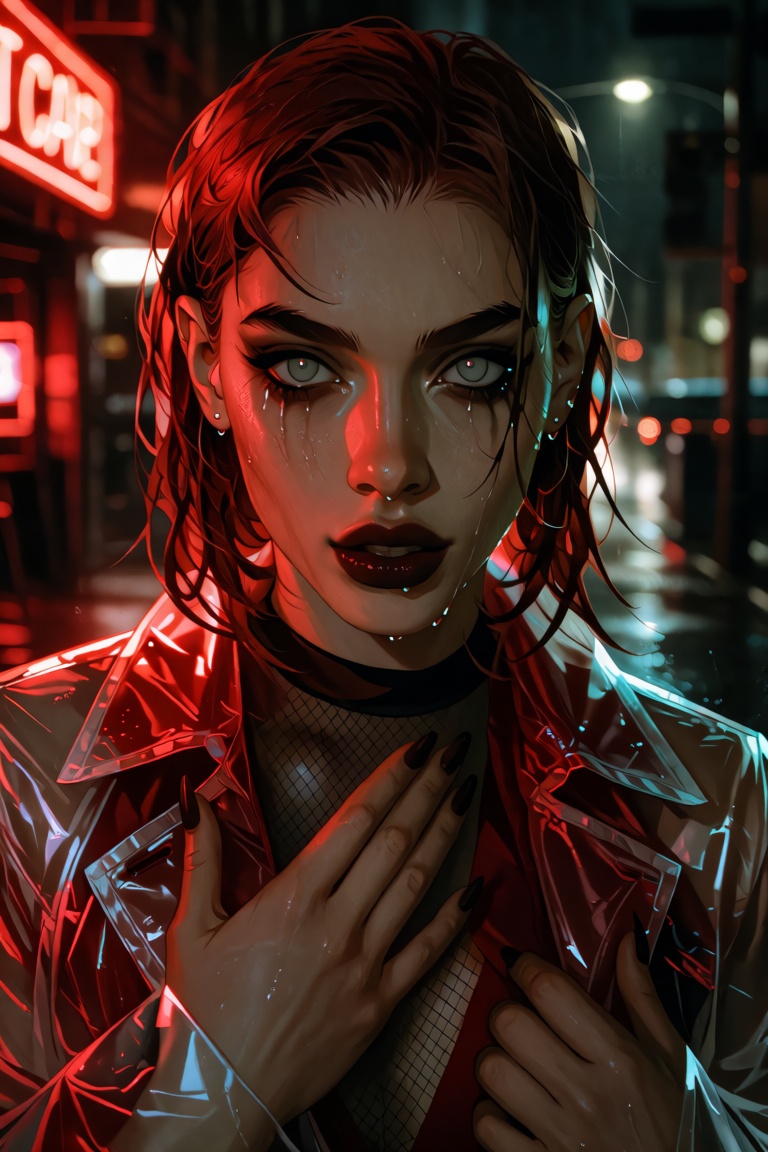 Close-up portrait of a young woman with slicked-back wet auburn hair and pale gray eyes,  rain droplets clinging to her la...