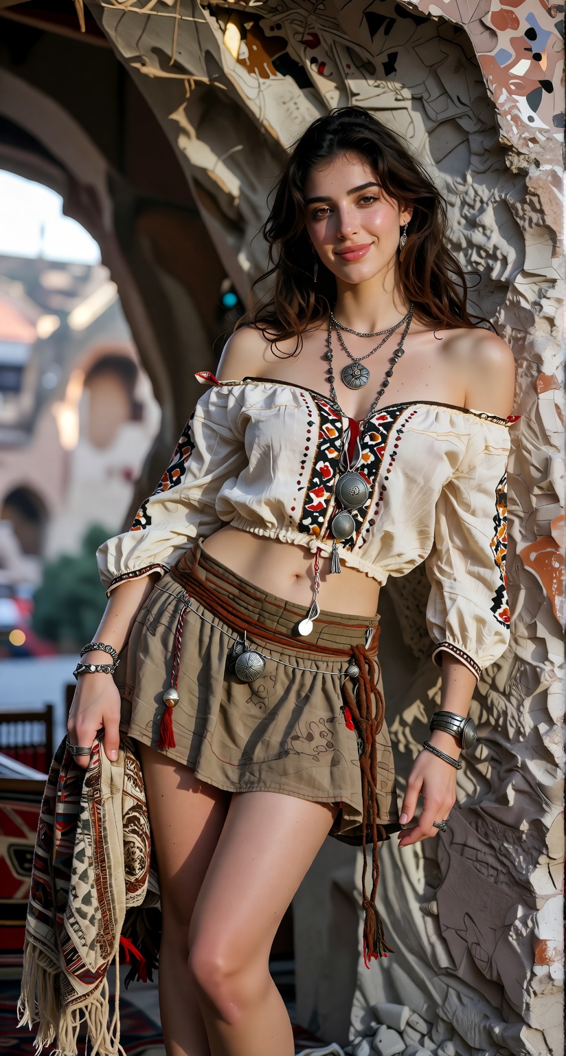 Photorealistic three-quarter fashion photograph of the same 27-year-old Turkish woman,  tall slender elegant build,  consi...