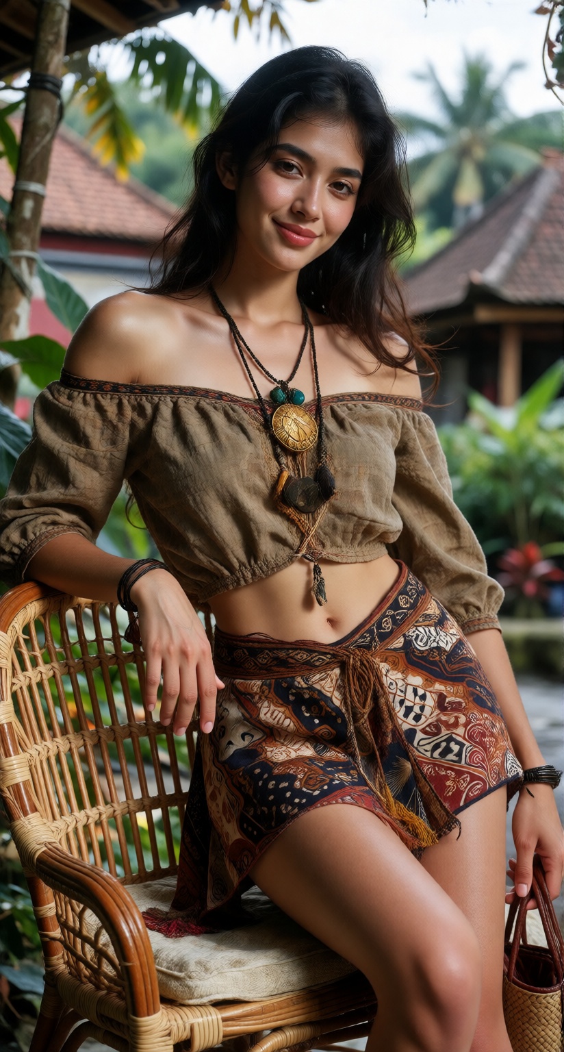 Photorealistic three-quarter fashion photograph of the same 27-year-old Indonesian woman,  tall slender elegant build,  co...