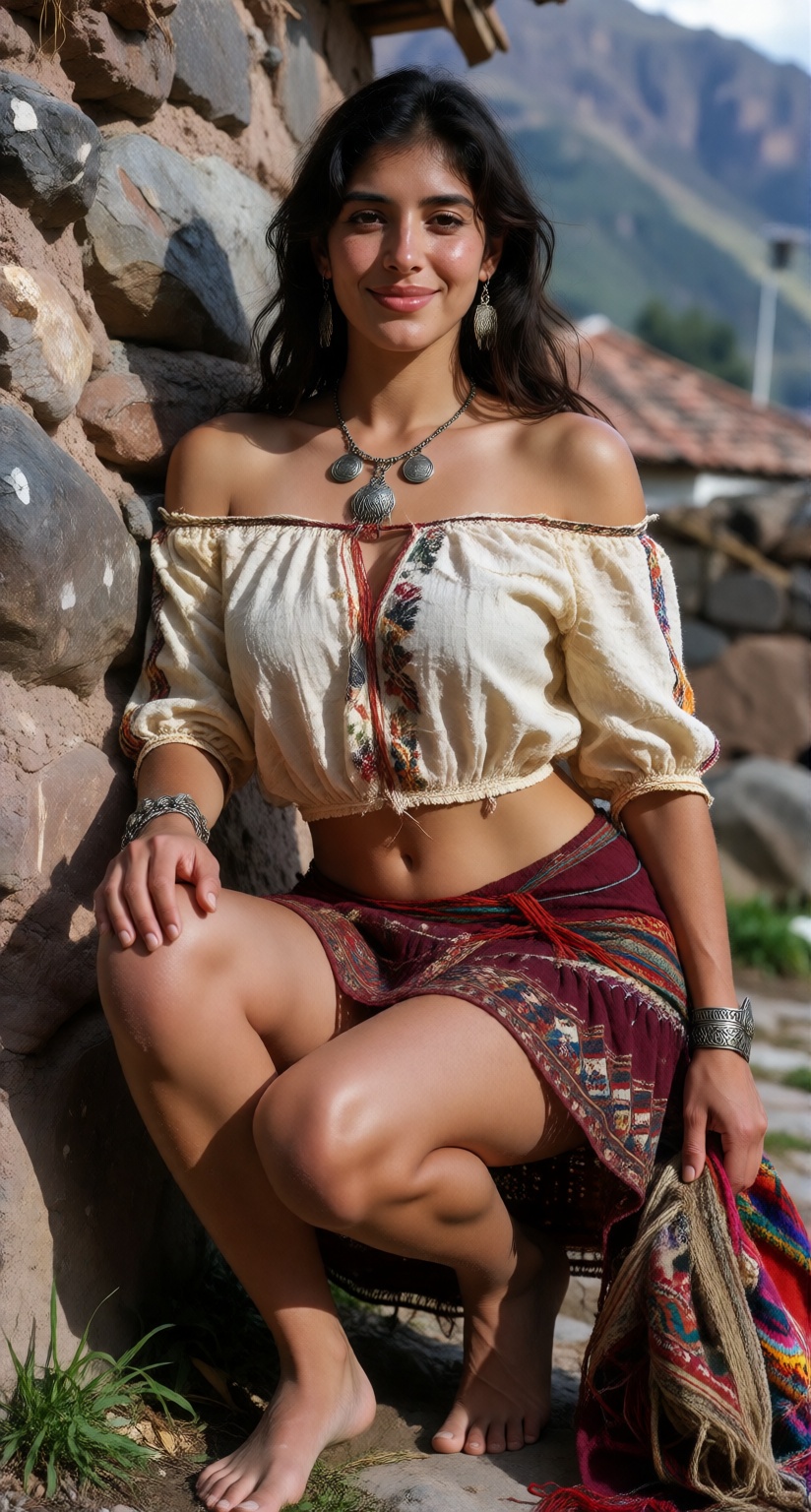 Photorealistic three-quarter fashion photograph of the same 27-year-old Peruvian woman,  tall slender elegant build,  cons...