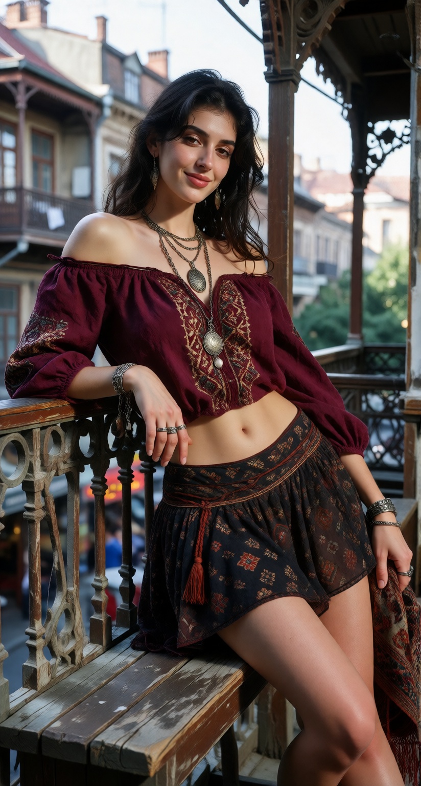 Photorealistic three-quarter fashion photograph of the same 27-year-old Georgian woman,  tall slender elegant build,  cons...