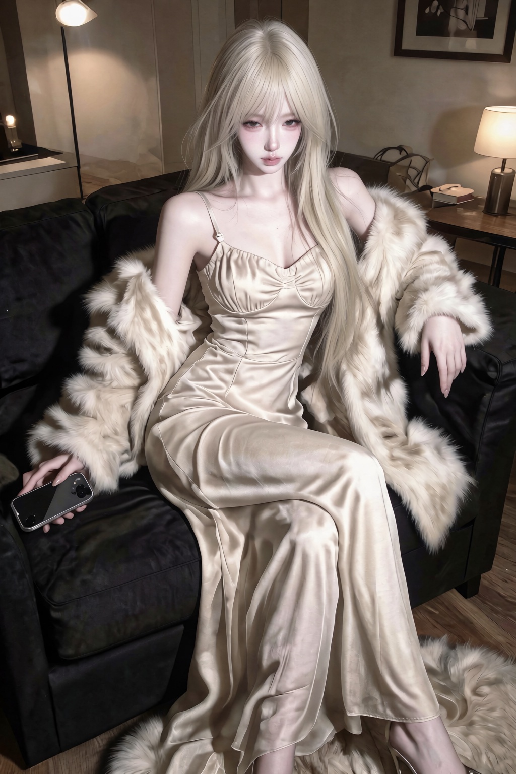 1 woman,  solo,  sitting elegantly on a large black sofa on Tensor.Art