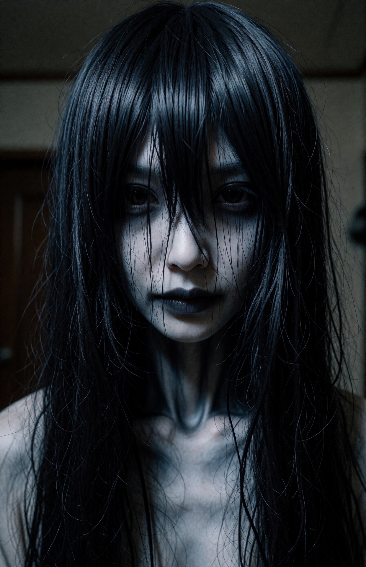 A creepy Japanese ghost woman in her early 20s,  unnaturally pale with cold gray-white skin and a faint bluish undertone....