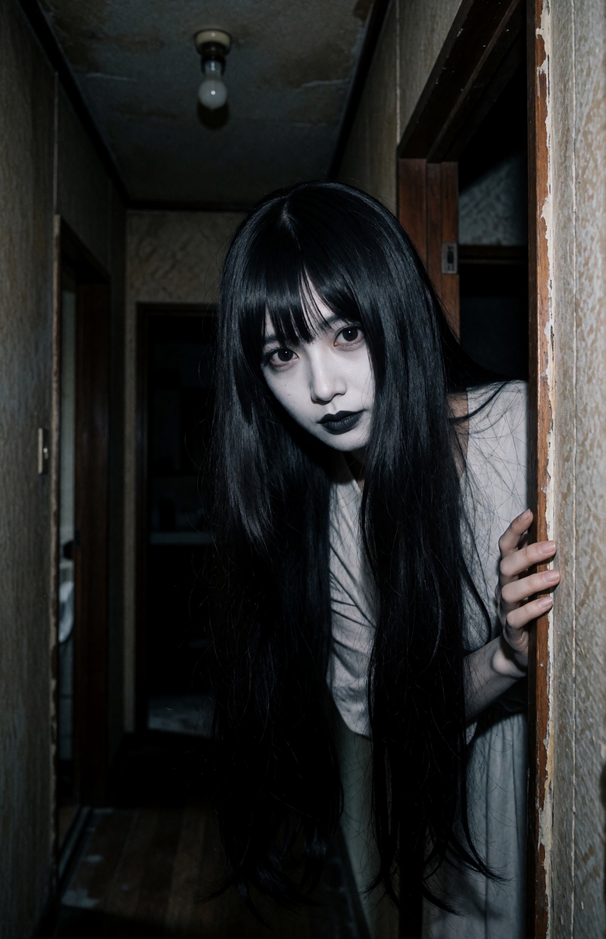 A creepy Japanese ghost woman around 25 years old leans slowly around the corner of a narrow dark hallway,  photographed a...