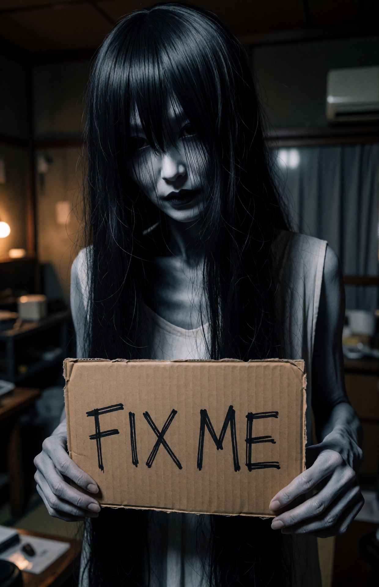 A creepy Japanese ghost woman,  around 30 years old,  stands unnaturally close to the camera in a dim on Tensor.Art