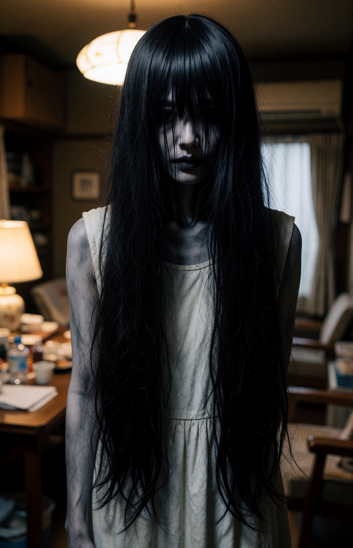 A creepy Japanese ghost woman around 25 years old is captured in an awkward candid ******* photograph inside an ordinary d...