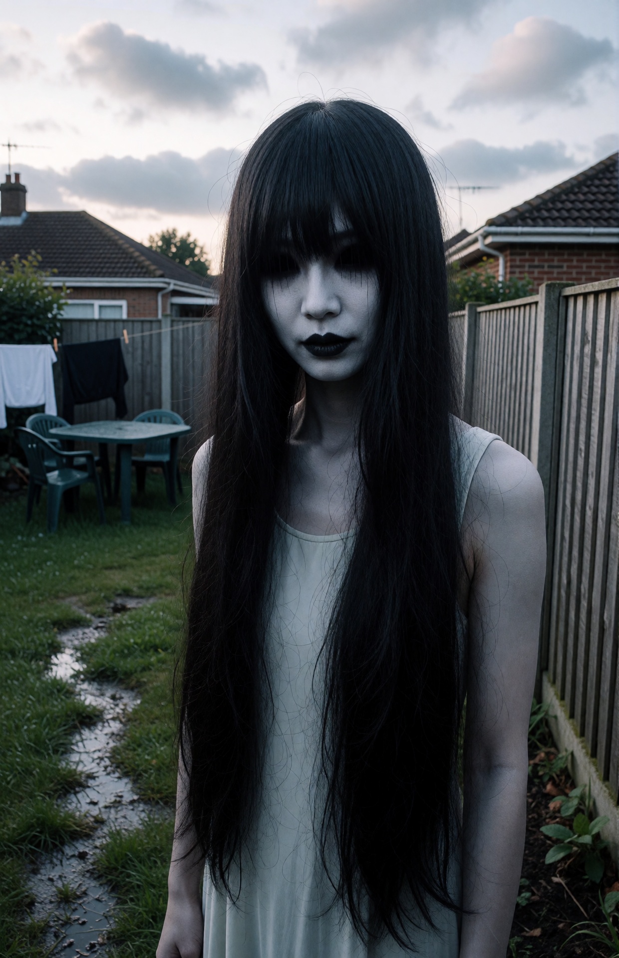 A creepy Japanese ghost woman is photographed during an overcast afternoon in a quiet suburban backyard,  creating an unne...