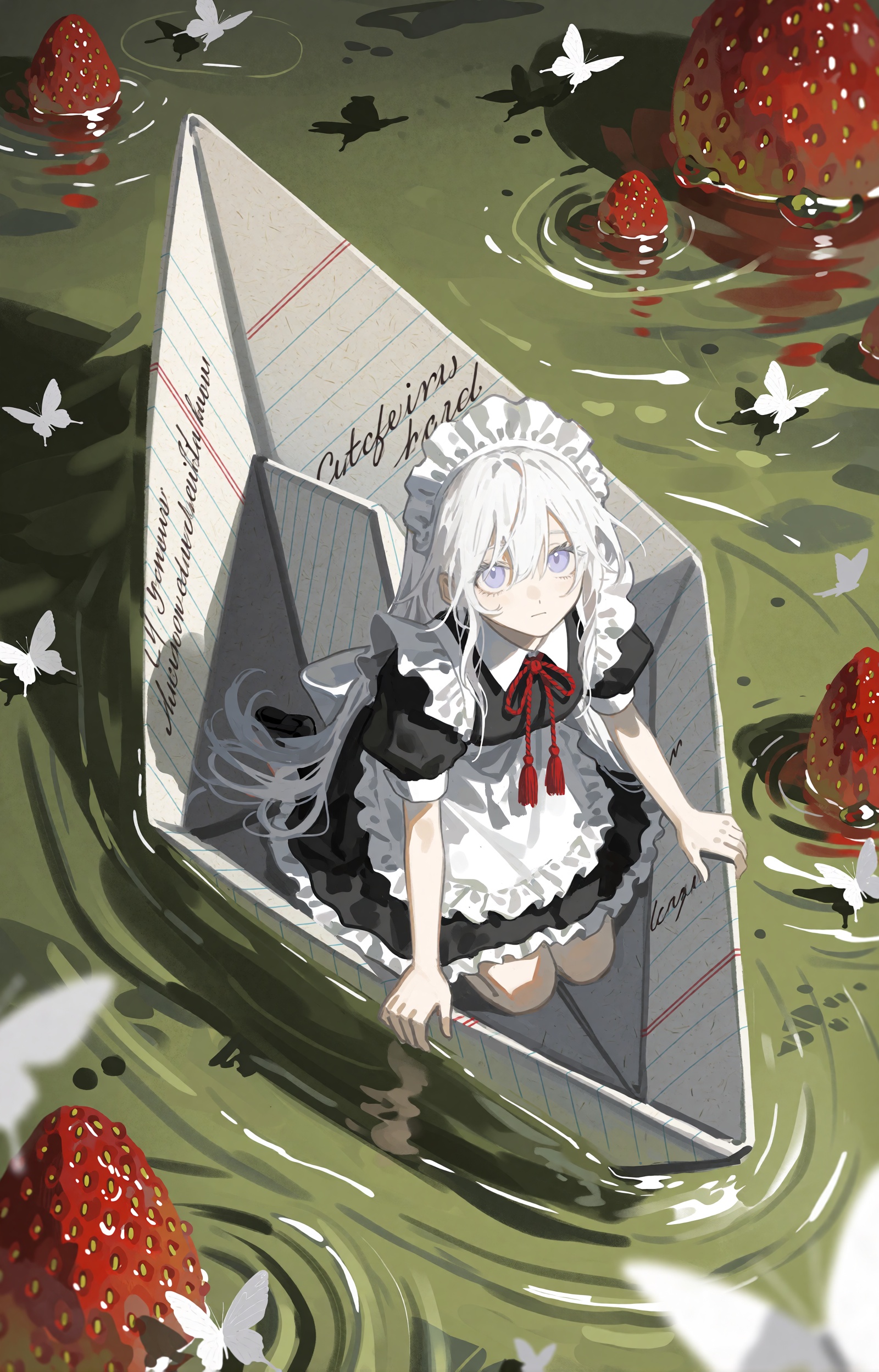SUBJECT : A tiny silver-haired maid girl with long white hair and pale lavender eyes,  kneeling small inside her vessel. S...