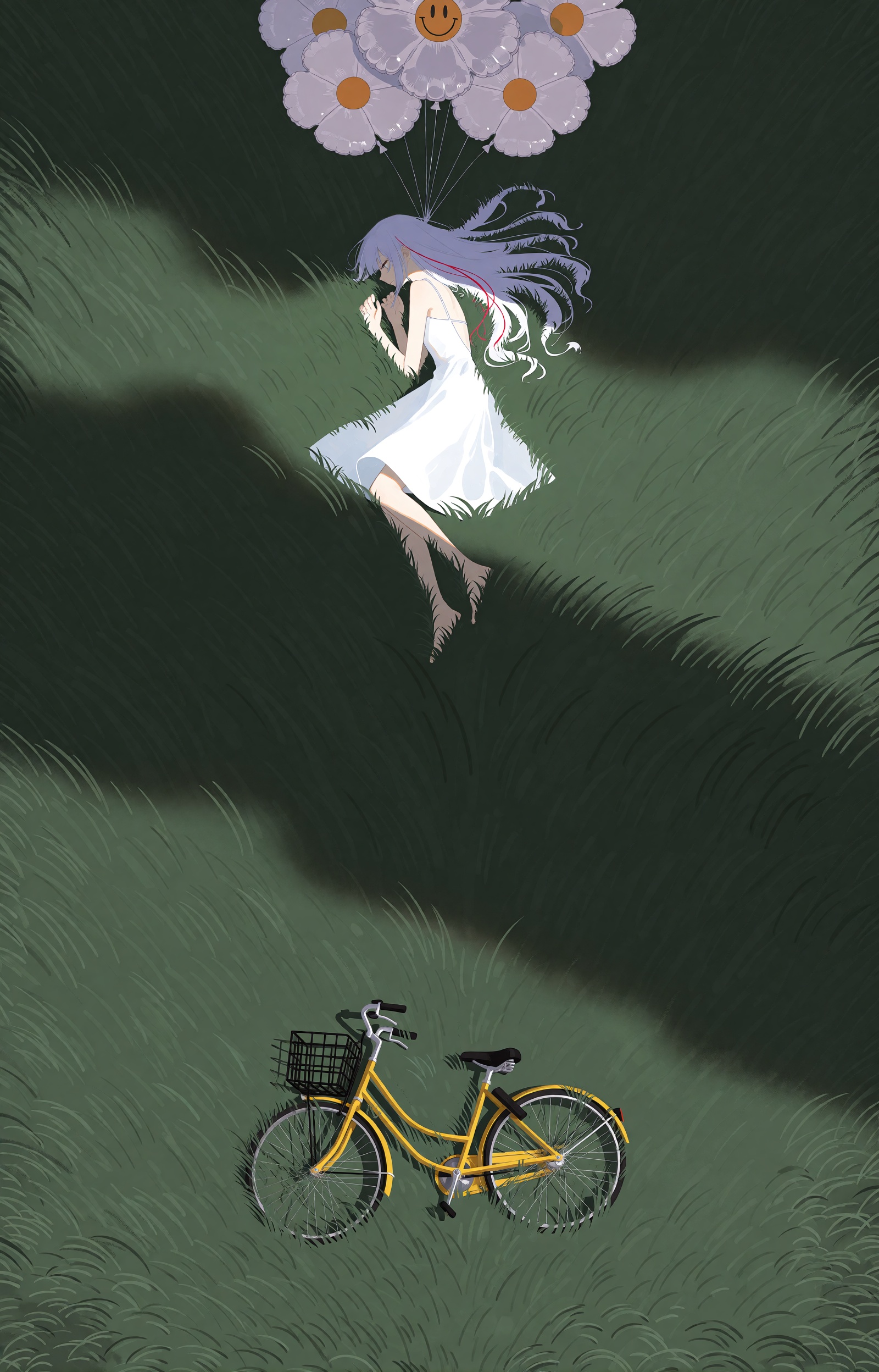 SUBJECT: A slender girl with long pale-lavender white hair spread out as if underwater,  a few thin crimson threads woven...