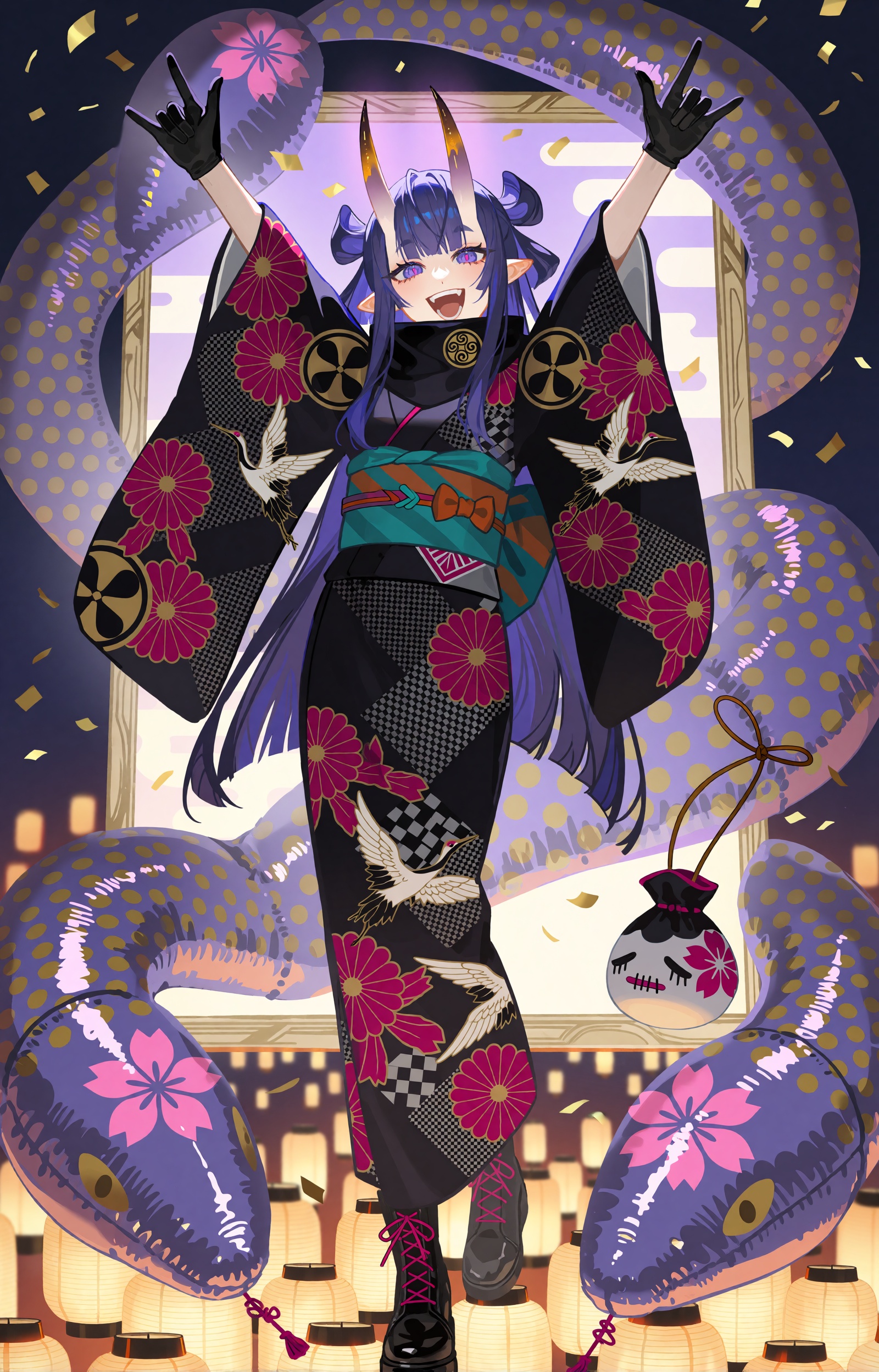 SUBJECT: A cheerful oni-idol girl with long indigo-purple hair styled in a hime cut with twin side buns and trailing front...