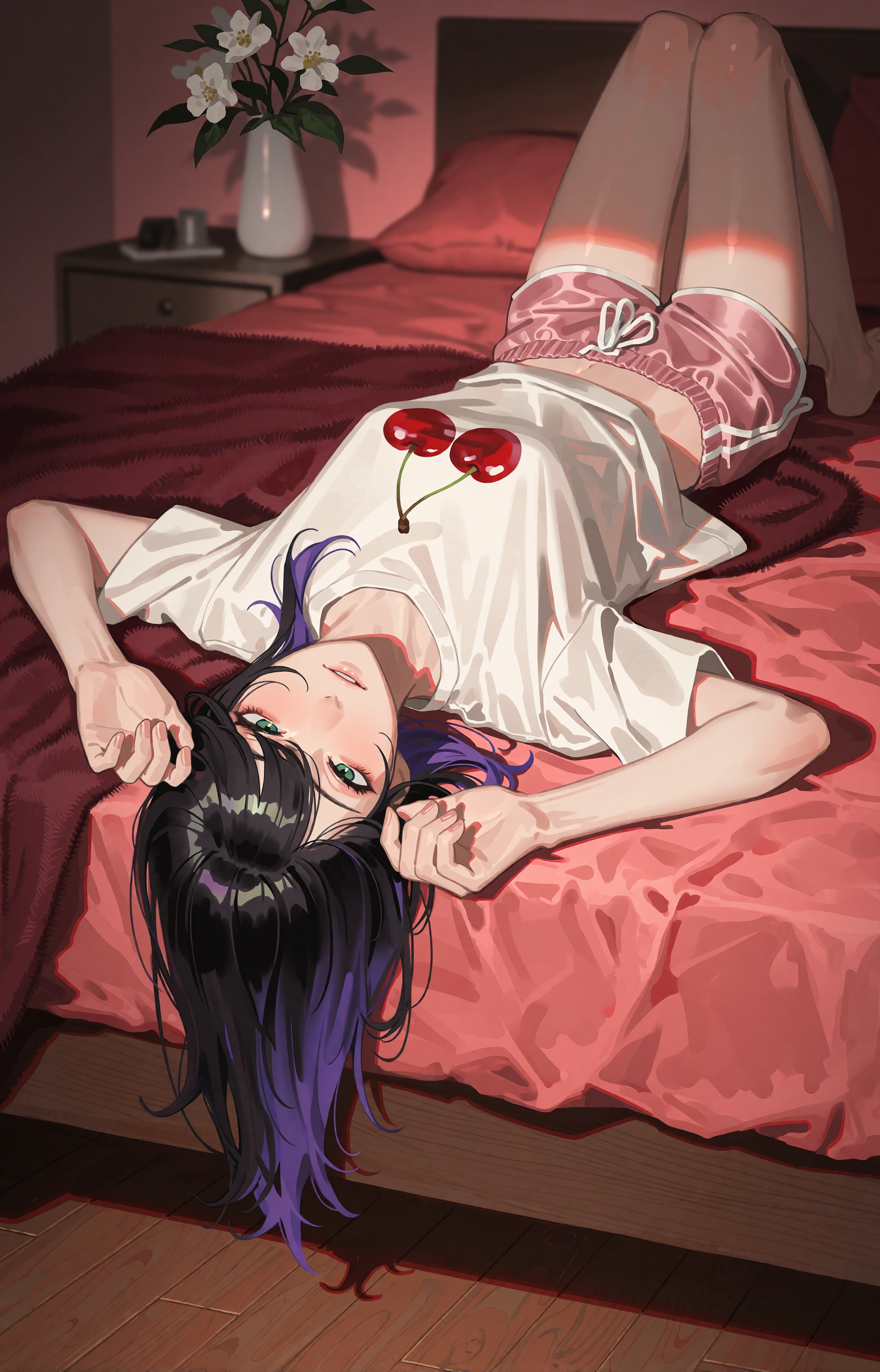 SUBJECT: A young woman with glossy black hair streaked in violet highlights lies on her back,  her head hanging over the b...