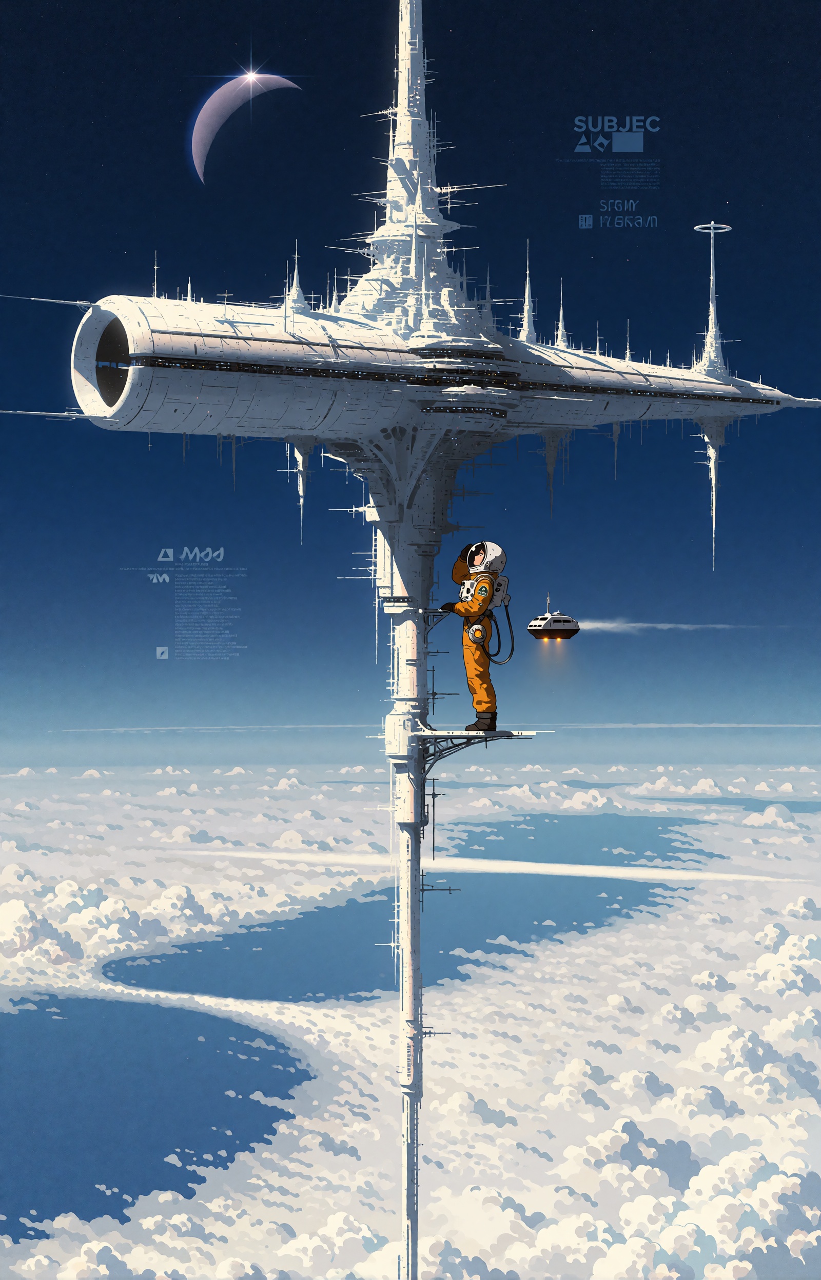 SUBJECT: A colossal orbital spire-station dominates the sky,  its vertical mast piercing the entire frame from the cloud s...