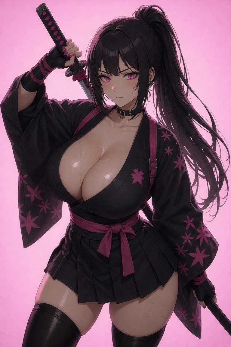 bubbleKre,  seorang prajurit wanita jepang,  berpose dengan katananya yang berwarna pink. on Tensor.Art