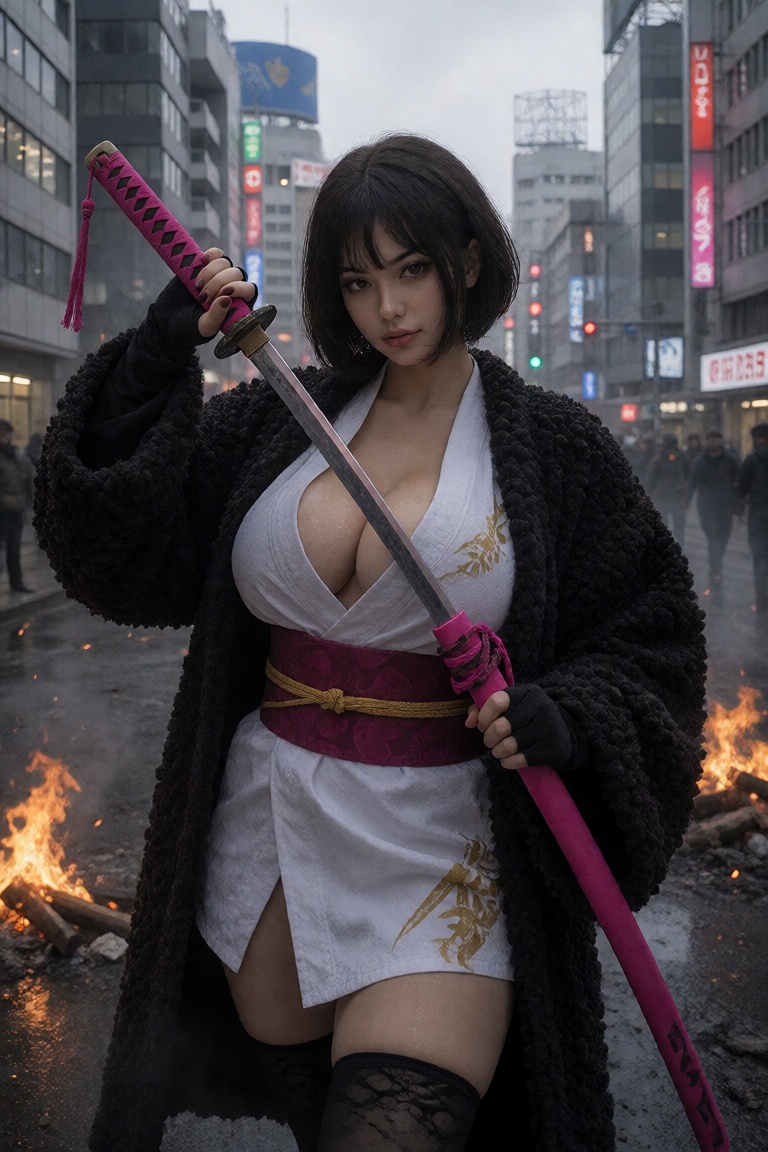 bubbleKre,  a Japanese female warrior,  dia mengenakan kimono putih dan mengenakan jubah yang terbuat dari bulu domba hita...