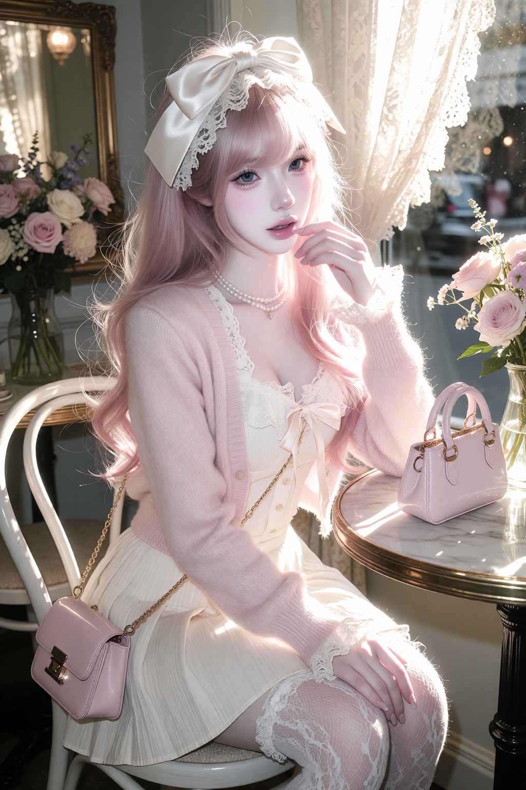character: ***** young woman,  fair pale skin,  long pastel pink wavy hair on Tensor.Art