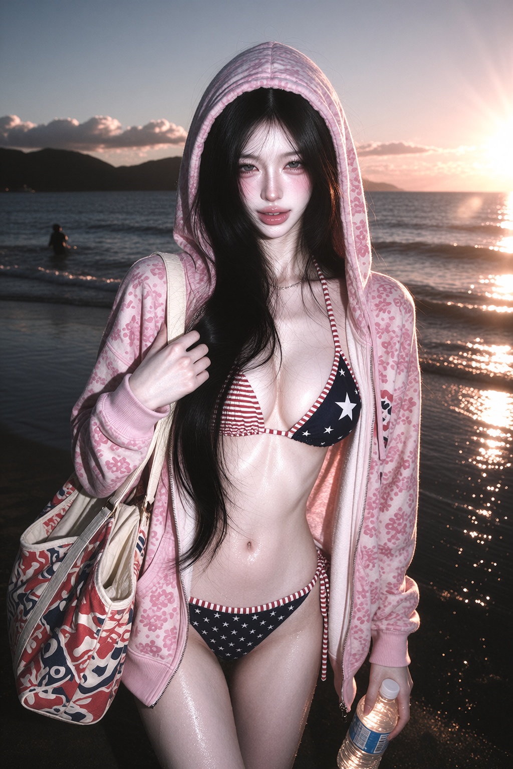 A young woman standing on a beach at sunset,  candid vacation snapshot,  nostalgic Y2K aesthetic on Tensor.Art