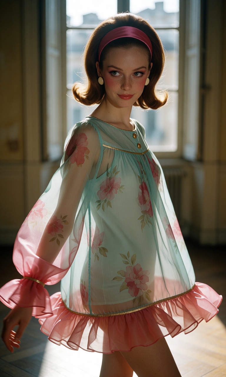 An authentic 1966 European arthouse film still captured on 35mm color stock,  framed as an unstaged medium full-shot portr...