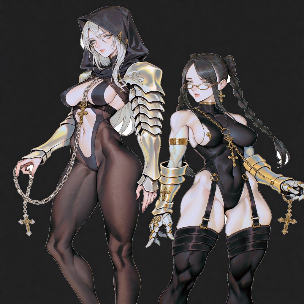 The image features two female fantasy characters posed against a solid dark gray background,  stylized in a manner reminis...