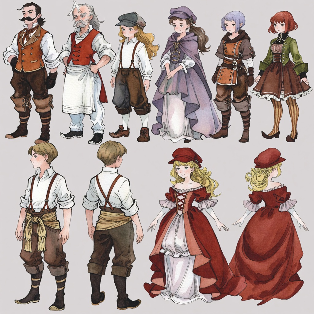 This illustration presents eleven distinct character design studies arranged against a uniform light gray background. The...