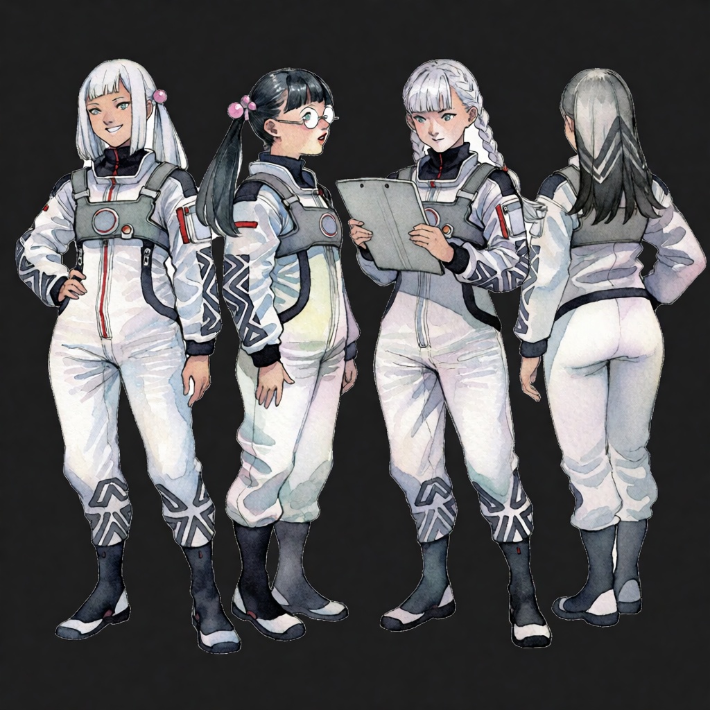 This watercolor concept art features four full-body perspectives of a single female character of indeterminate Asian ethni...