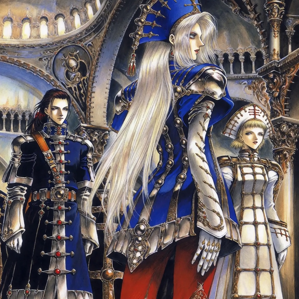 This detailed artwork features three central figures rendered in a highly ornate,  gothic-fantasy aesthetic,  typical of t...