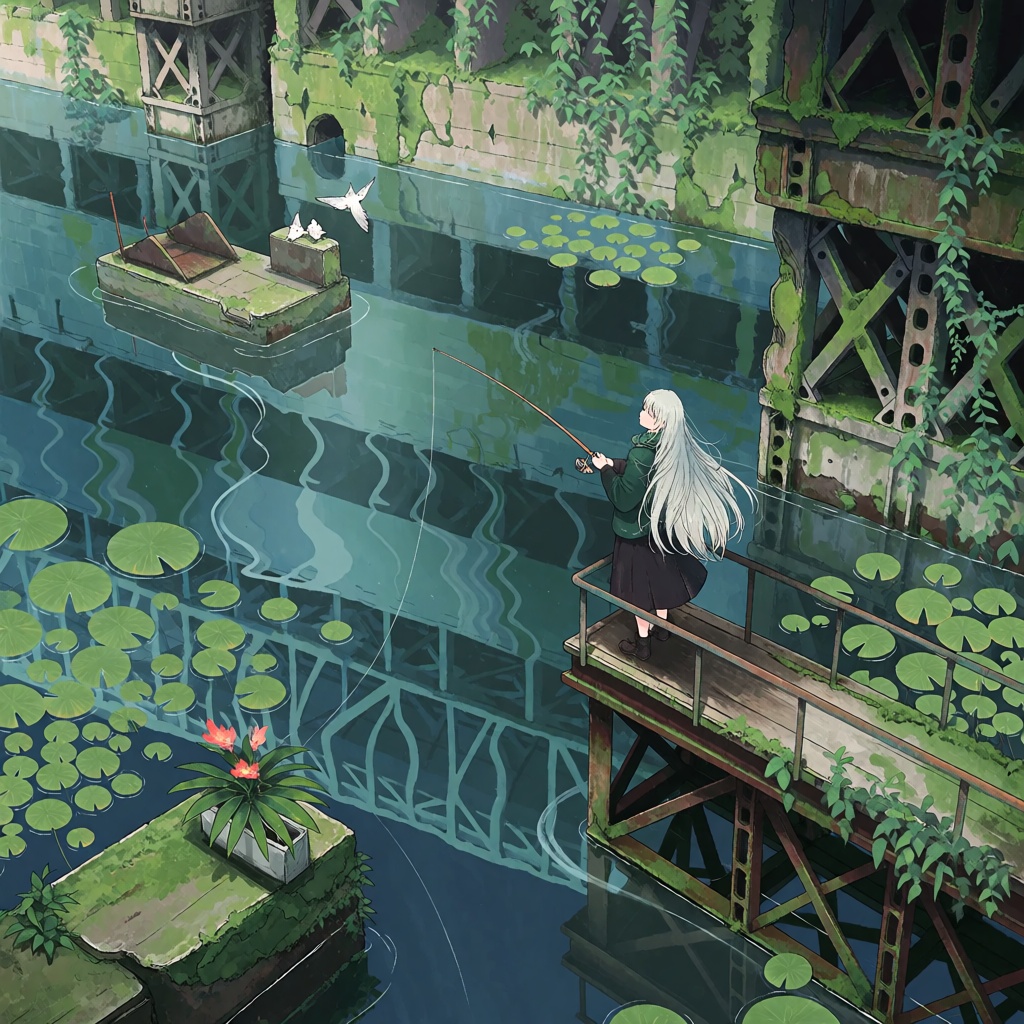 **Fisherwoman (Central Figure):** A young woman,  depicted in an anime art style,  is standing on a platform on Tensor.Art