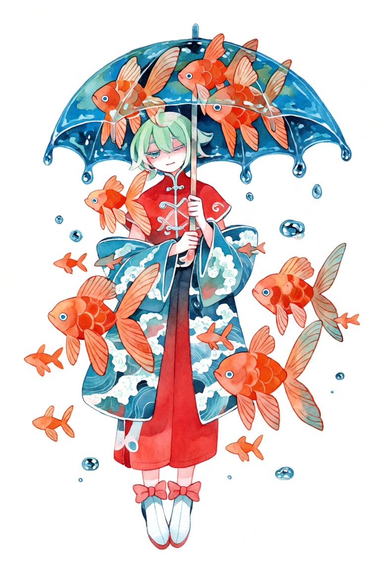 The main subject is a figure with pale green hair,  depicted standing and holding an umbrella that functions as an aquatic...