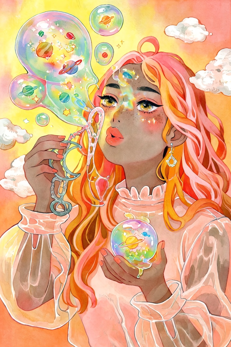 A portrait of a young woman with warm olive skin and long wavy hair dyed sunset orange and pink. She blows a stream of eno...