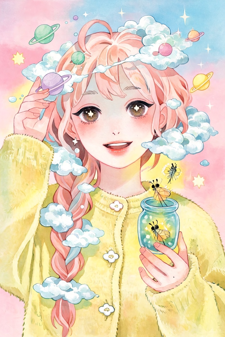 A close-up portrait of a young East Asian woman with warm porcelain skin. Her long pastel pink hair is loosely braided and...