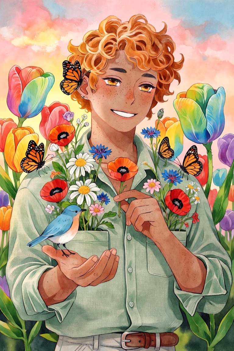 A waist-up portrait of a young man with freckled tan skin and short curly copper hair. Bright wildflowers—poppies,  daisie...