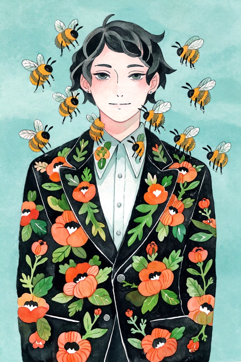 a man with short,  wavy hair,  wearing a dark suit jacket adorned with vibrant floral embroidery. The flowers are orange a...