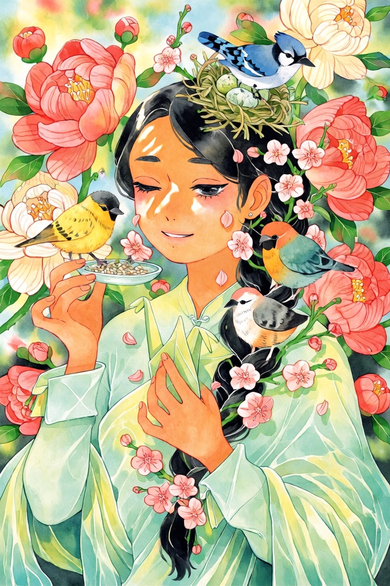 A portrait of a young woman with warm golden skin and waist-length black hair braided with fresh cherry blossom branches....