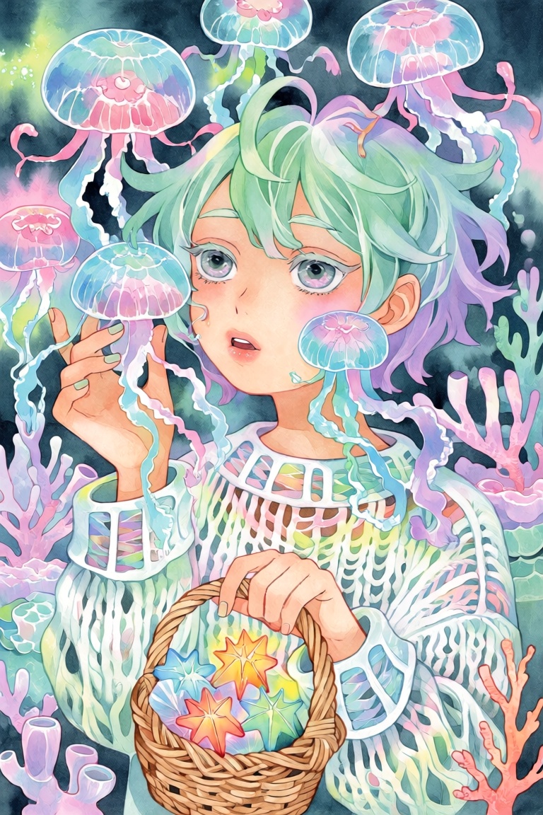 A portrait of an androgynous young figure with warm beige skin and a messy pixie cut dyed in a gradient of seafoam green t...
